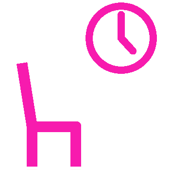 An icon with a pink circle around a clock, depicting a man sitting on a chair with his hands resting on a desk while looking at a book or tablet.